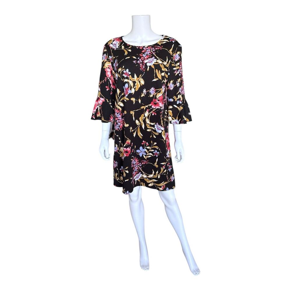 Artizan Ronin Barre Dress Womens Size XL Black Floral Bell Sleeve Shift Stretch